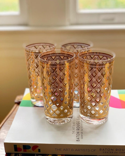 22K Criss-Cross or Old Lace Highball Glasses, Set of 4 (1960)