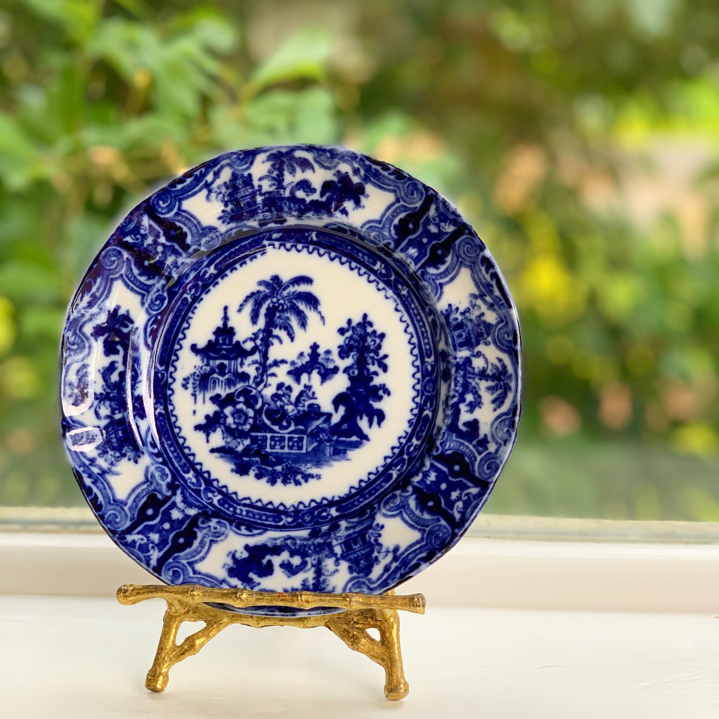 Pair of Victorian Flow Blue Pagoda Plates