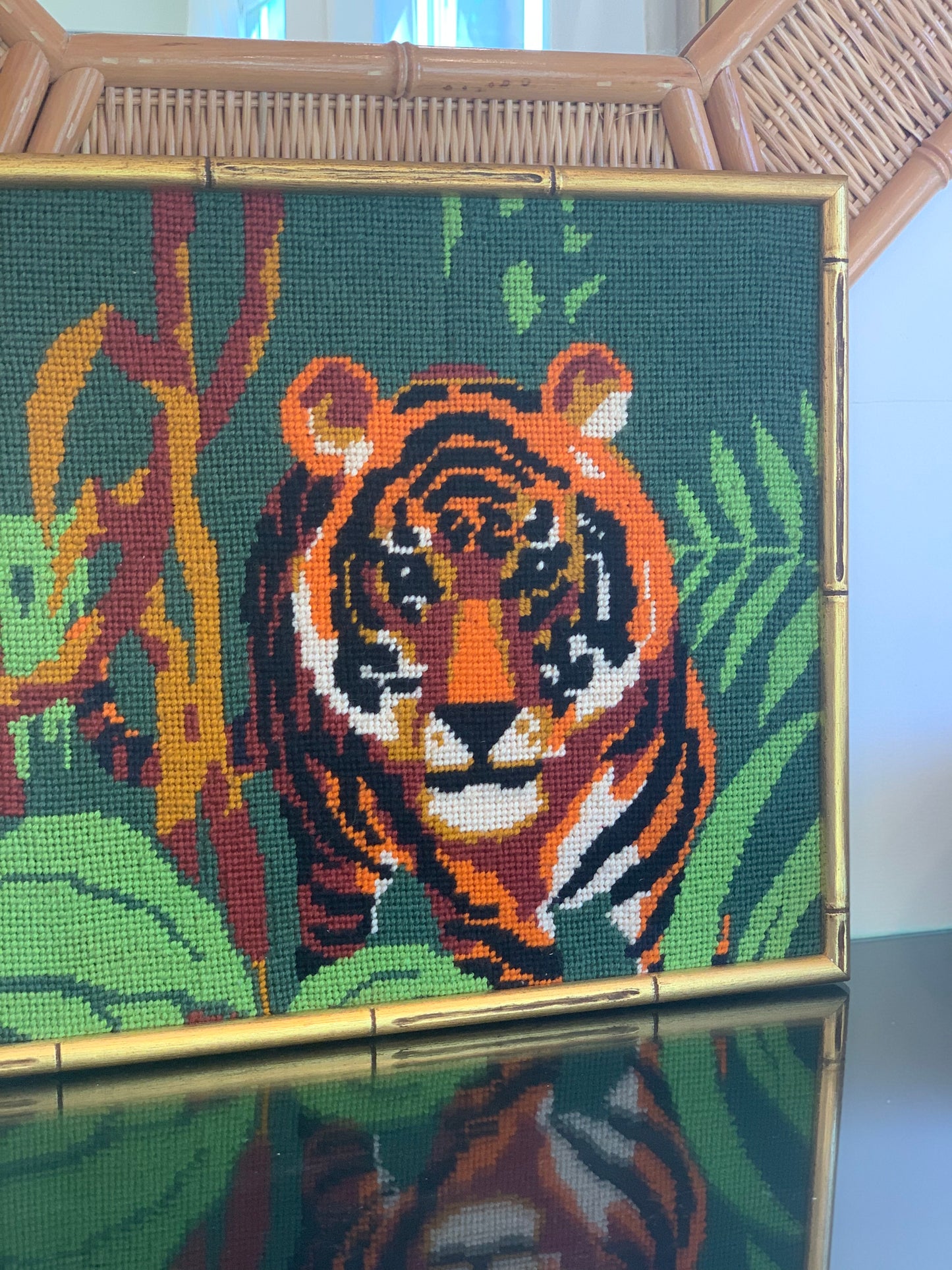 Tiger Needlepoint in Gold Bamboo Frame (14.25x12.75) [1970]