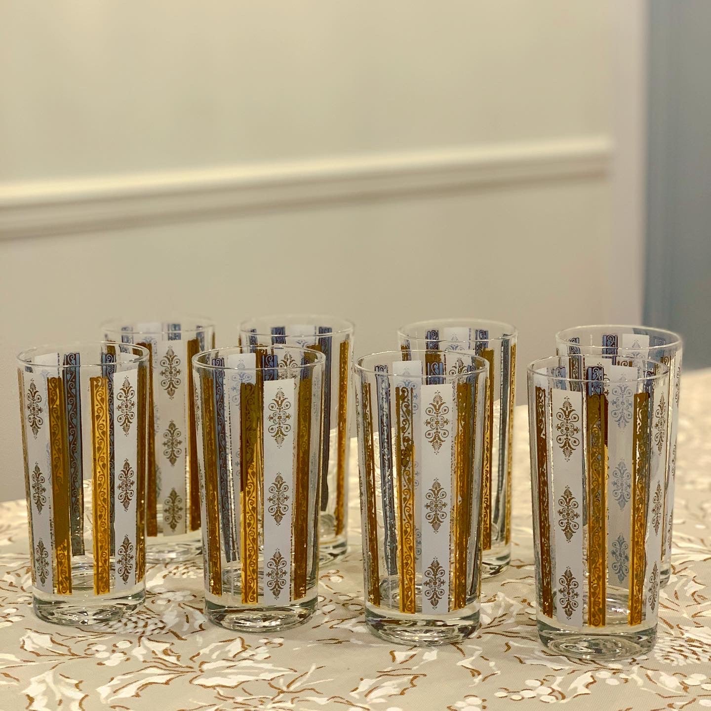 Gold & White Scroll Highball Glasses (Set of 8)