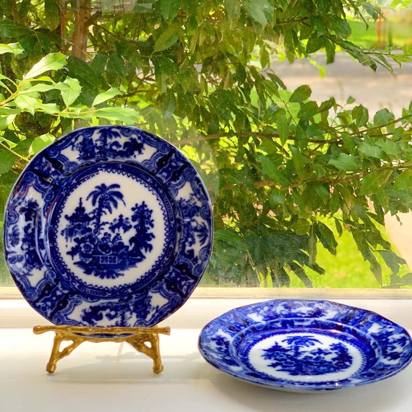 Pair of Victorian Flow Blue Pagoda Plates
