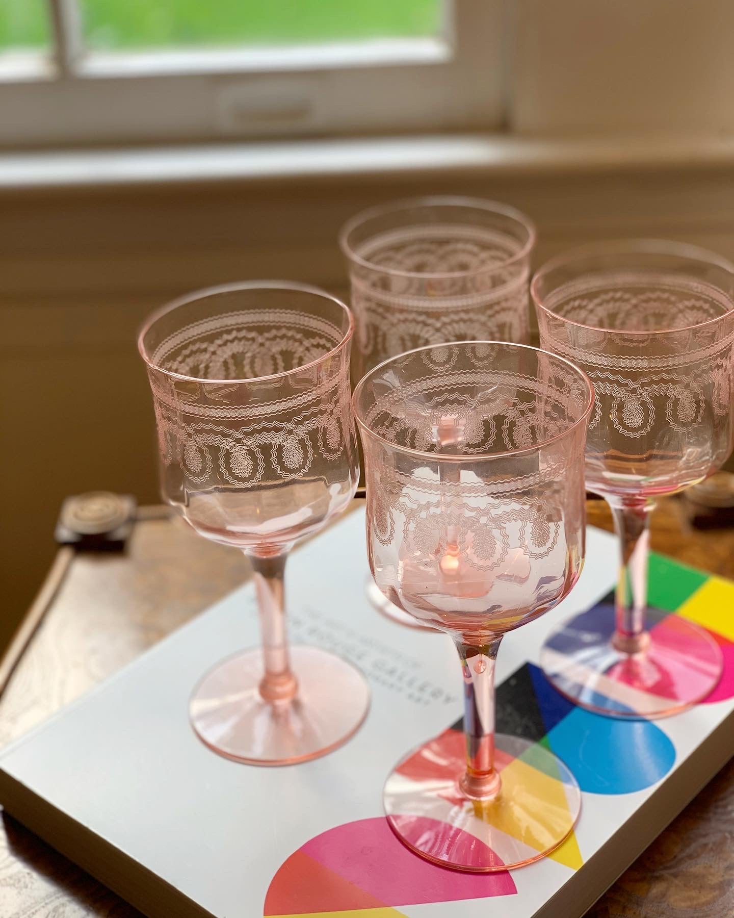 Light Pink Etched Lace Wine Glasses (Set of 4)