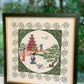 Pink Pagoda Cross-Stitch in Malachite Frame