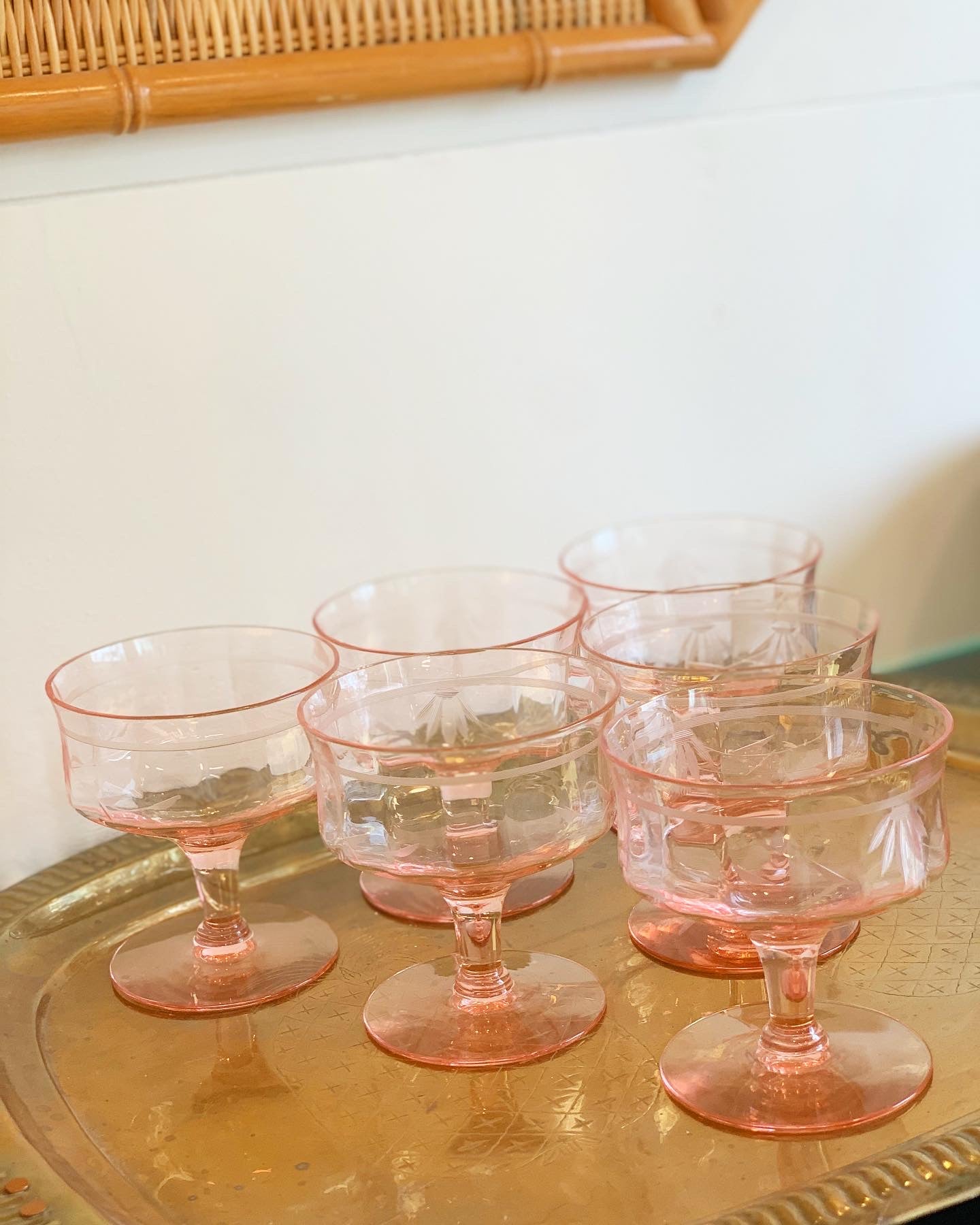 Pink Champagne Coupes with Detailed Etching [Set of 6] (1940)
