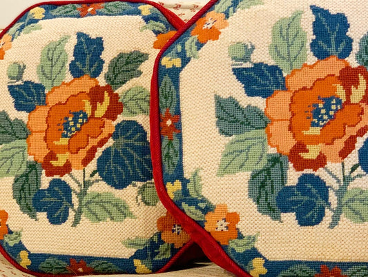 Pair of Camellia Needlepoint Pillows